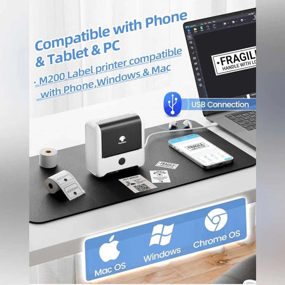 Phomemo M200 Thermal Printer Bluetooth POS Receipt Label Maker for Android & iOS